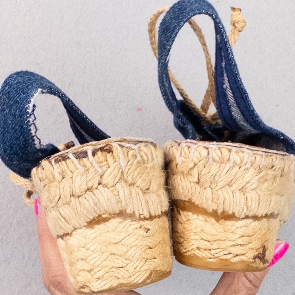 Vintage Nine West Denim Espadrille Platform Wedges Peep Toe Slingback Sandals